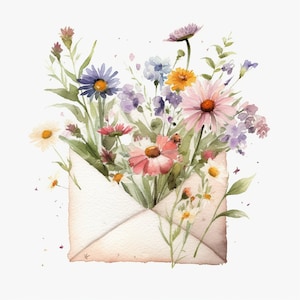 Fiori di campo dell'acquerello in busta Clipart, 11 fiori di campo di alta qualità in busta JPG, per la creazione di carte, supporti misti, artigianato con carta digitale