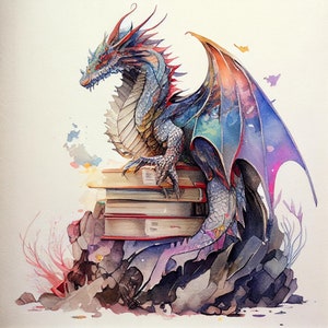 Clipart di libri di guardia del drago dell'acquerello, 9 libri del drago dell'acquerello di alta qualità JPG, per la creazione di carte, supporti misti, artigianato in carta digitale