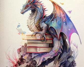 Watercolor Dragon guarding books Clipart, 9 High Quality Watercolor Dragon Books JPG, For Card Making, Mixed Media, Digital Paper Craft