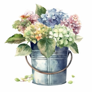 Hortensias de acuarela en imágenes prediseñadas de cubo de metal, 10 JPG de cubo de hortensias de alta calidad, para la fabricación de tarjetas, técnica mixta, arte de papel digital ...