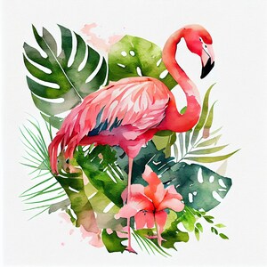 May include: Watercolor painting of a pink flamingo with a black beak, surrounded by lush green tropical leaves and a pink flower. The artwork has a soft, artistic style with watercolor textures and a white background. The flamingo is the focal point.