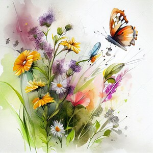 Clipart di farfalle di fiori ad acquerello, 8 JPG di farfalle di fiori di alta qualità, per la creazione di carte, supporti misti, artigianato di carta digitale e altro ancora