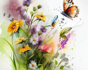Watercolor Flower Butterflies Clipart, 8 High Quality Flower Butterflies JPGs, For Card Making, Mixed Media, Digital Paper Craft and More