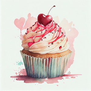 Acquerello Cup Cake Clipart, 8 Jpgs torta acquerello di alta qualità, per la creazione di carte, supporti misti, artigianato di carta digitale e altro ancora