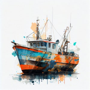 Watercolor Fishing Boat Clipart, 8 High Quality fishing boat JPGs, For Card Making, Mixed Media, Digital Paper Craft and More
