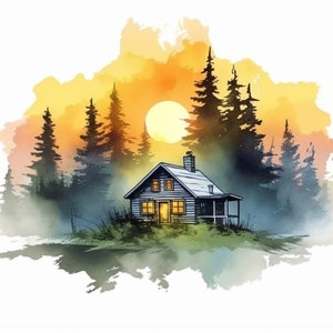 Acuarela caza cabaña puesta de sol clipart, 12 bosques de alta calidad, hierba, árboles JPG, para la fabricación de tarjetas, medios mixtos, artesanía de papel digital...