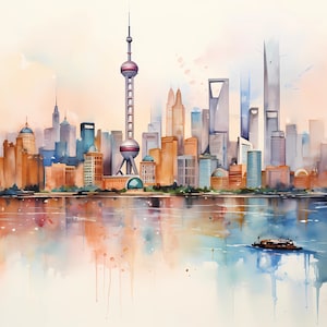 Acquerello Shanghai Skyline Clipart, 10 JPG di Shanghai Skyline di alta qualità, per la creazione di carte, supporti misti, artigianato di carta digitale...