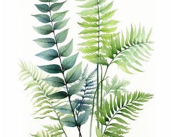Watercolor Fern set Clipart, 12 High Quality Fern set JPGs, For Wall Art, Card Making, Mixed Media, Digital Paper Craft and More