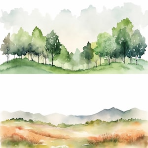 Fondo de árboles forestales de montañas de acuarela, 12 JPG de fondo de bosque de montañas de alta calidad, para la fabricación de tarjetas, medios mixtos...
