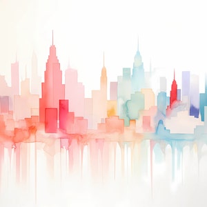 Clipart de horizonte de Miami em aquarela, 8 JPGs de horizonte de Miami de alta qualidade, para confecção de cartões, mídia mista, artesanato em papel digital...