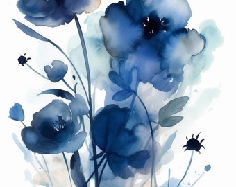 Watercolor Navy blue poppies Clipart, 12 High Quality Navy blue poppies JPGs, For Wall Art, Card Making, Mixed Media, Digital Paper Craft...