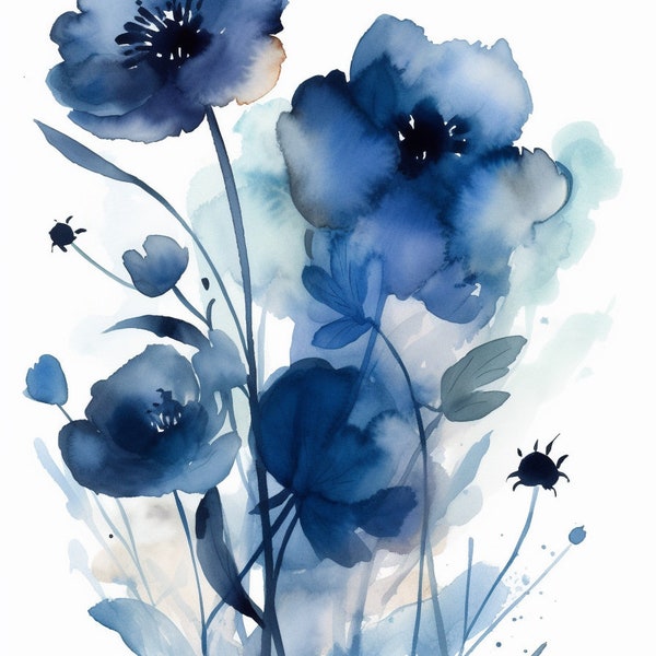 Watercolor Navy blue poppies Clipart, 12 High Quality Navy blue poppies JPGs, For Wall Art, Card Making, Mixed Media, Digital Paper Craft...