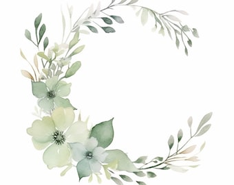 Watercolor Green Floral Wreath Clipart, 12 High Quality Green Floral Wreath JPGs, For Card Making, Mixed Media, Digital Paper Craft and More