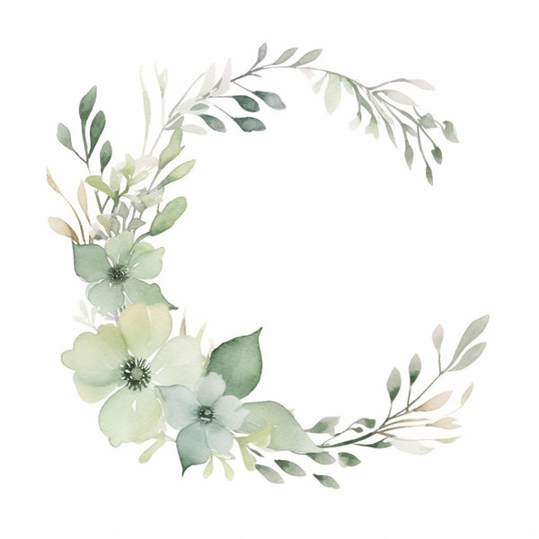 Watercolor Green Floral Wreath Clipart, 12 High Quality Green Floral Wreath JPGs, For Card Making, Mixed Media, Digital Paper Craft and More