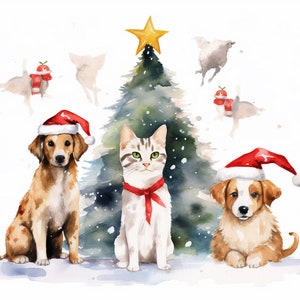 Watercolor Christmas dog cats Santa Hat Clipart, 12 High Quality Christmas dog cats JPGs, For Card Making, Mixed Media, Digital Paper Craft