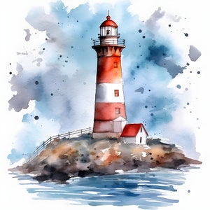 Clipart del faro dell'acquerello, 9 JPG del faro di alta qualità, per la creazione di carte, supporti misti, artigianato di carta digitale e altro ancora