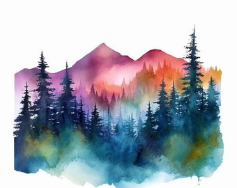 Watercolor Mountains Forest Trees Clipart, 10 High Quality Mountains Forest JPGs, For Card Making, Mixed Media, Digital Paper Craft...