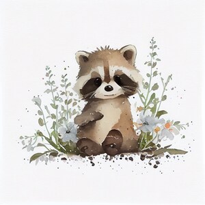 Clipart acquerello Baby racoon, 11 JPG di fiori di procione di alta qualità, per la creazione di cartoline, supporti misti, creazioni con carta digitale e altro ancora
