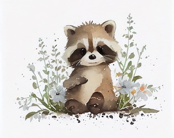 Watercolor Baby racoon Clipart, 11 High Quality racoon flower JPGs, For Card Making, Mixed Media, Digital Paper Craft and More
