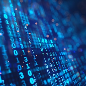 May include: Abstract digital illustration of binary code in shades of blue. The image features a grid of numbers, 0 and 1, with a bokeh effect. The numbers are in a light blue color against a dark blue background.