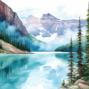 May include: Watercolor painting of a serene mountain lake scene. The water reflects the surrounding mountains and sky, creating a mirror effect. Lush green trees line the shores, and the mountains have snow-capped peaks. The color palette includes blues, greens, and browns.