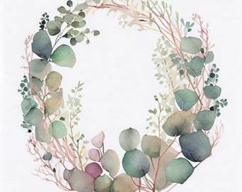 Watercolor Wreath Eucalyptus Clipart, 10 High Quality Wreath Eucalyptus JPGs, For Card Making, Mixed Media, Digital Paper Craft and More