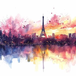 Clipart do horizonte da cidade de Paris em aquarela, 12 JPGs do horizonte da cidade de Paris de alta qualidade, para fabricação de cartões, mídia mista, artesanato em papel digital...
