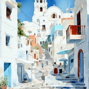Acuarela Mikonos Grecia Clipart, 12 Mikonos Grecia JPG de alta calidad, para la fabricación de tarjetas, arte de pared, arte de papel digital...