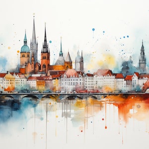 Aquarell Wien Skyline Clipart, 12 hochwertige Wien Skyline JPGs, für Kartenherstellung, Mixed Media, Digital Paper Craft ...