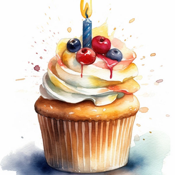 Petit gâteau d'anniversaire aquarelle avec clipart bougie, 12 images JPEG de haute qualité pour petit gâteau d'anniversaire, bougies, pour la fabrication de cartes, création numérique en papier...