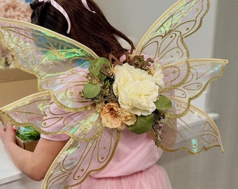 Fairy Wings kids custom name girls fairy costume gold floral fairy wings gift fairy birthday 1st year photo fairy wings adjustable straps