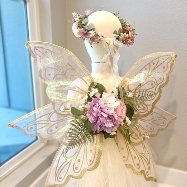 Gold Glitter Fairy Wings and Flower Crown Set: Kids Cosplay