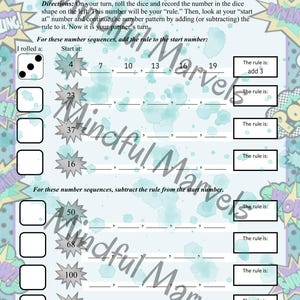 May include: A printable educational game sheet titled "Roll the Dice Sequence Game!" with instructions and number sequence problems. The sheet has a comic book theme with a dice graphic and the text "Mindful Marvels Ed. Services".