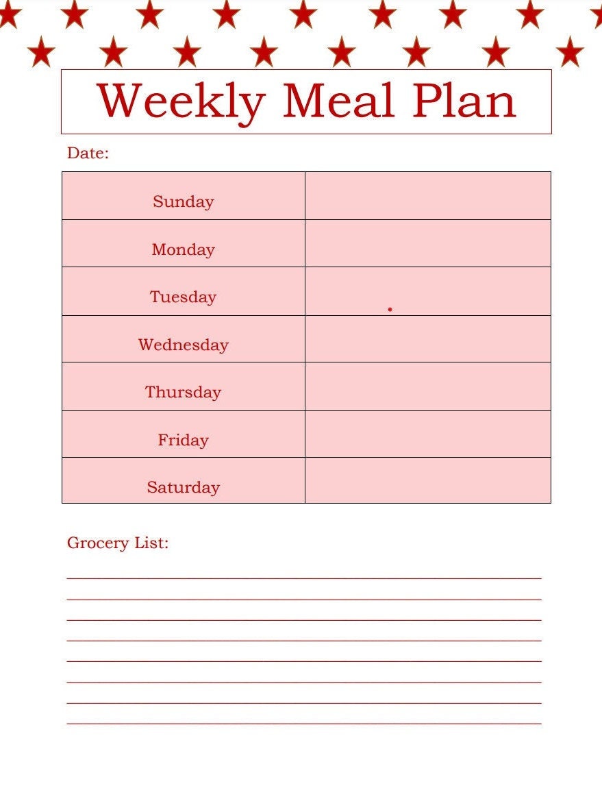Weekly Meal Spreadsheet Printable Red - Etsy Australia