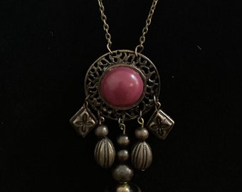 Bronze Beaded Necklace - Maroon Pendant