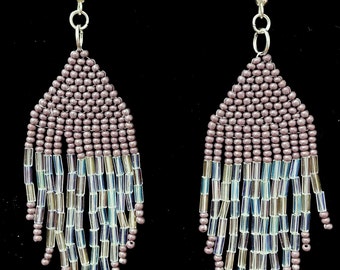 Beaded Earrings - Purple & Iridescent Fringe with Silver-Plated Stainless Steel Hooks