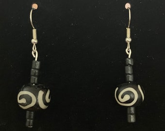 Beaded Earrings - Black & White Swirl Bone Bead