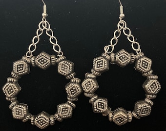 Beaded Earrings - Silver Relief Pattern Bead with Silver-Plated Stainless Steel Hooks