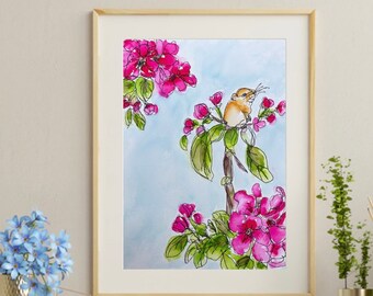 Original Mouse and Florals Watercolor Painting/ Grandmillennial Style Painting/Floral Contour Drawing/Watercolor Bouquet Artwork