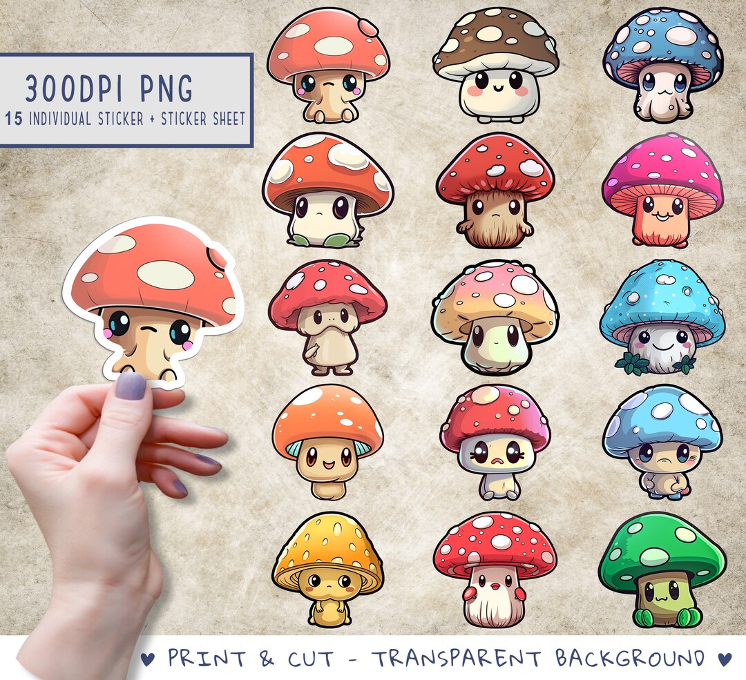 Cute Mushrooms PNG Stickers, Sticker Png Bundle, Printable Stickers ...