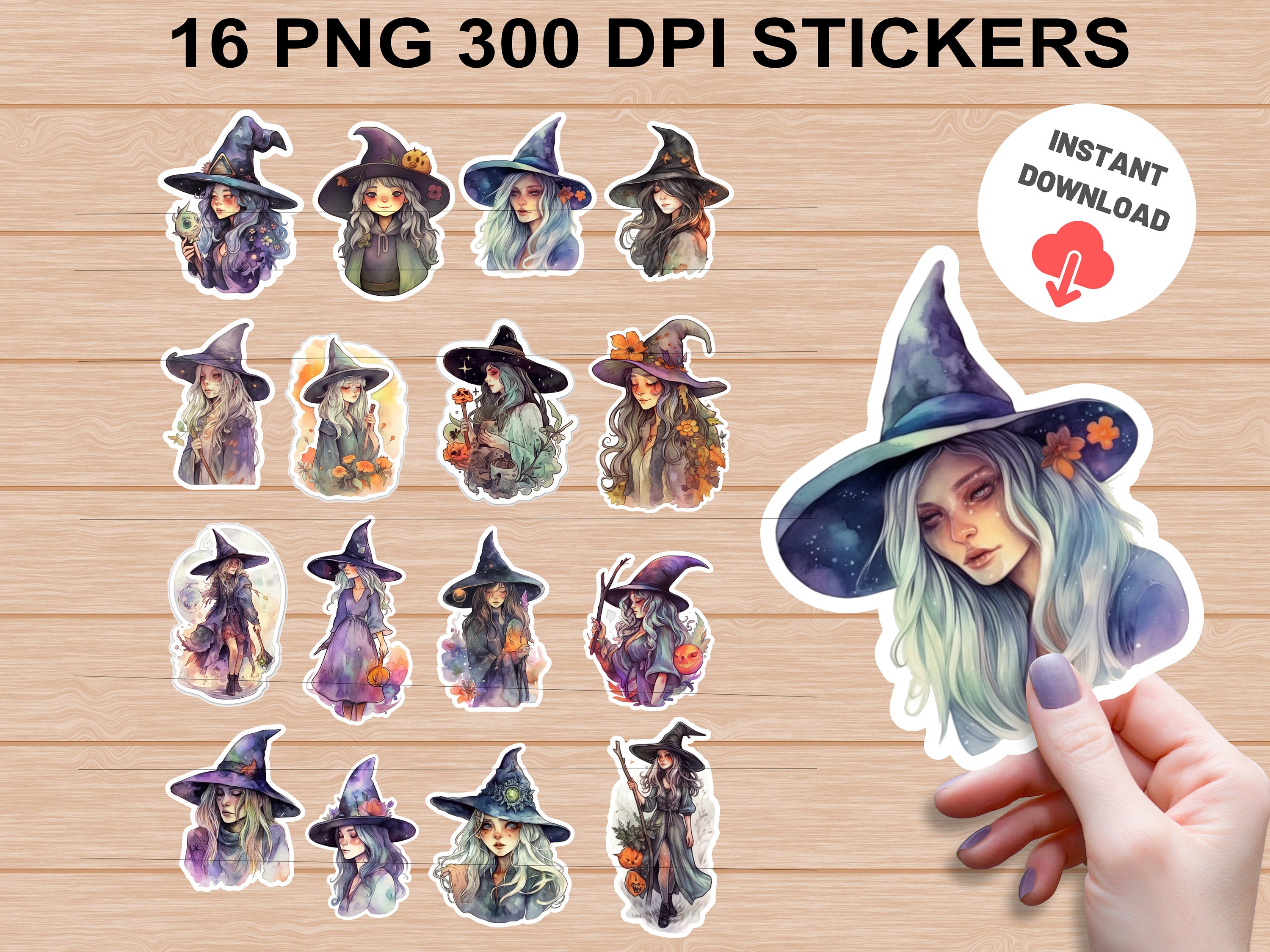 Watercolor Witch PNG Stickers, Sticker Png Bundle, Printable Stickers