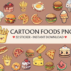 Cartoon Food Print and Cut Digital PNG Sticker, 32 Different Designs, 32 Food Sticker Pack Bundles Instant Download