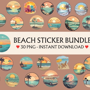 Beach View Stickers, Beach Print and Cut Digital PNG Sticker, 30 Beach View Sticker Pack Bundles Instant Download
