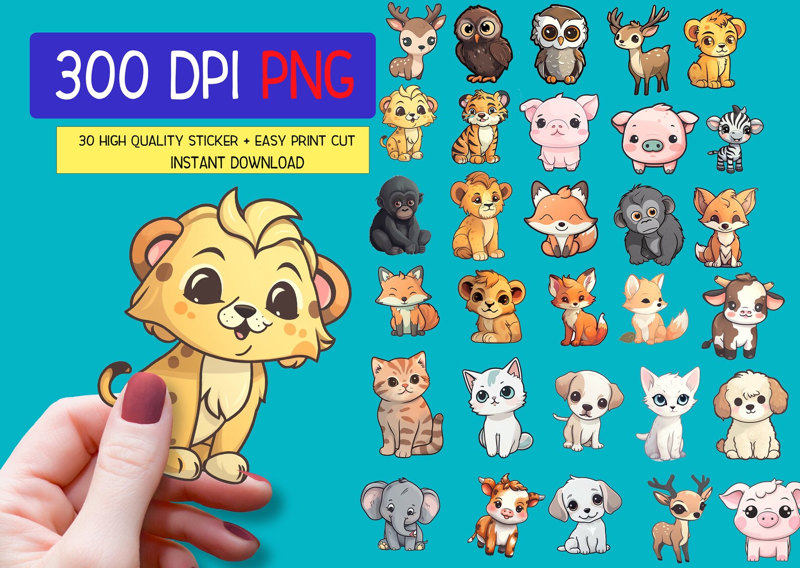 Cute Baby Animals PNG Stickers, Sticker Png Bundle, Printable Stickers