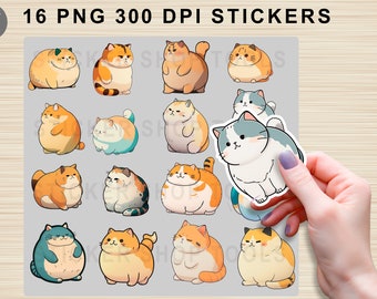 Chubby Cat imprime y corta pegatinas, paquete de pegatinas png, pegatinas imprimibles, diseños de pegatinas, pegatinas png, descargas de pegatinas, pegatinas cricut