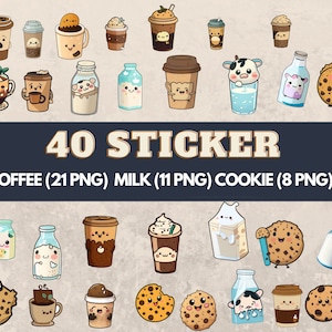 Adorable Coffee, Milk and Cookie stickers, sticker png bundle, printable stickers, sticker designs, stickers png, sticker downloads
