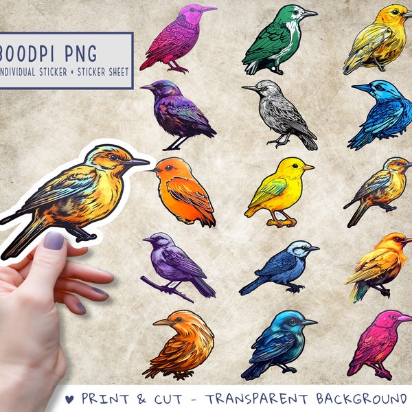 Colorful Birds Sticker PNG, Bird Sticker sheet template, Animals, Bundle Printable File, PNG File, Digital Sticker