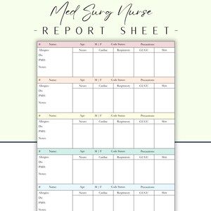 5 Patient Med Surg Report Sheet | Nurse Report Sheet | Med Surg Nurse | Nursing Shift Organizer | Bedside Report Sheet | RN Report Sheet |
