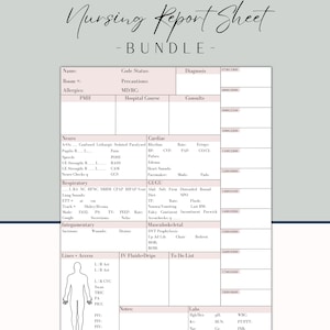 Könnte beinhalten: Eine druckbare Vorlage für ein Pflegeberichtblatt mit einem Bundle-Label. Das Blatt enthält Abschnitte für Patienteninformationen, Neuro, Herz, Atmung, GI/GU, Haut, Leitungen/Zugänge, IV-Flüssigkeiten/Tropfen und eine To-Do-Liste.