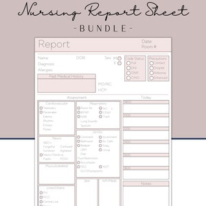 Może przedstawiać: Drukowana karta raportu pielęgniarskiego z sekcjami na informacje o pacjencie, ocenę i notatki. Karta jest przeznaczona do użytku przez pielęgniarki do dokumentowania opieki nad pacjentem.